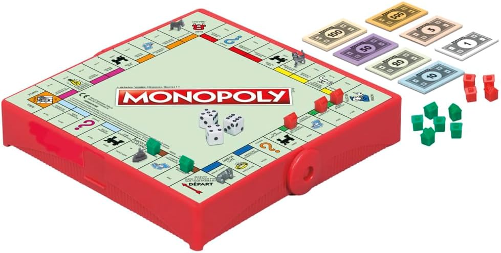Hasbro Monopoly Grab and Go game for kids with compact playing pieces and colorful game board for family fun and entertainment