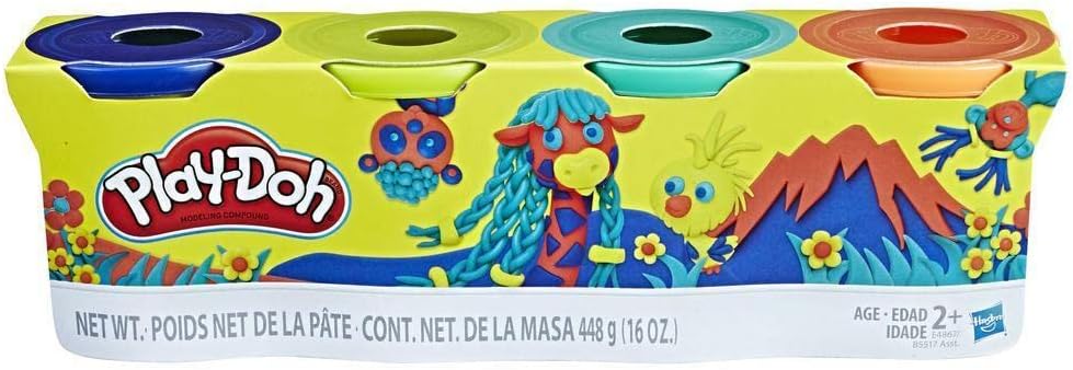 Play-Doh Wild Colors 4-Pack of 4-ounce cans by Hasbro, featuring vibrant, colorful modeling clay in four individual cans.