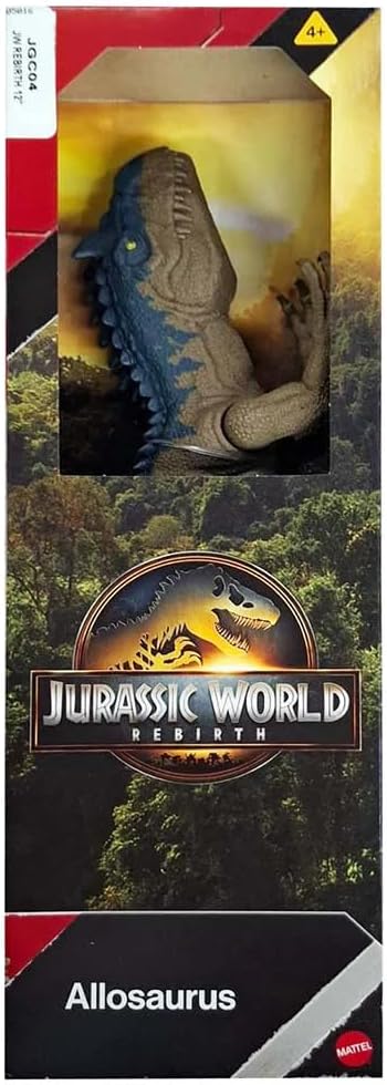 Jurassic World Allosaurus dinosaur figure with detailed scales and open mouth, realistic toy for kids and collectors