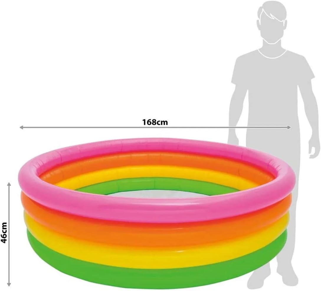 Playzokids Intex inflatable round swimming pool with four colorful rings, perfect for children to enjoy in the water.