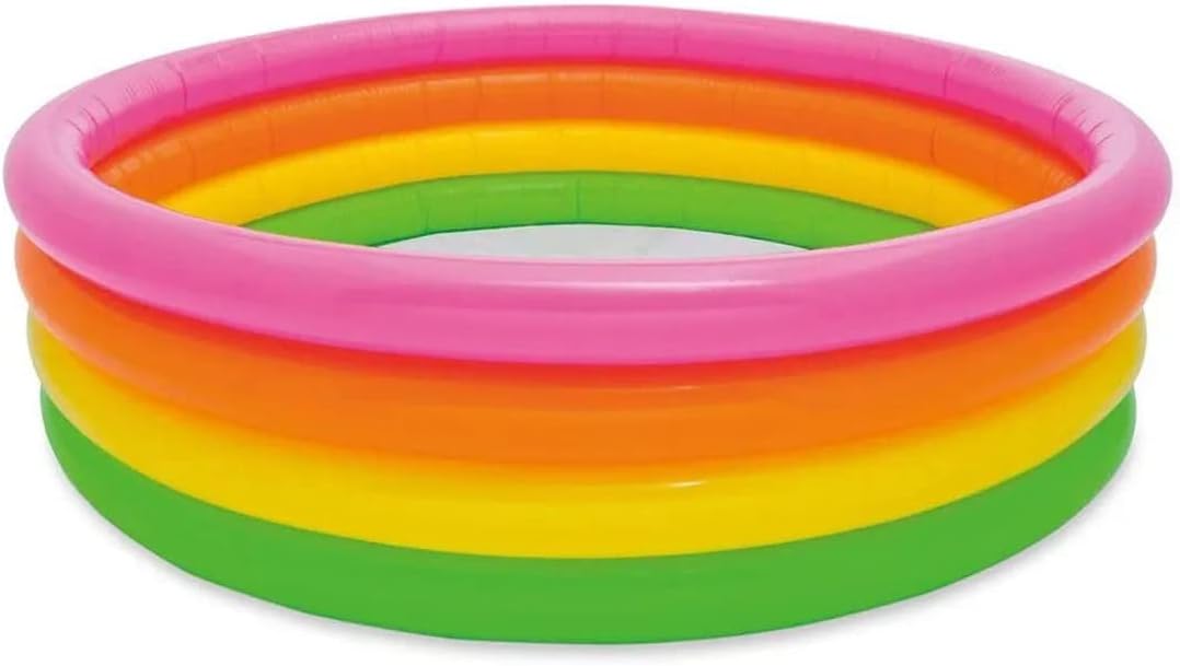 Playzokids Intex inflatable round swimming pool with four rings, ideal for children to enjoy outdoor water play.