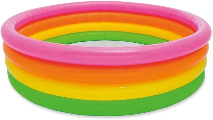 Playzokids Intex inflatable round swimming pool with four rings, ideal for children to enjoy outdoor water play.