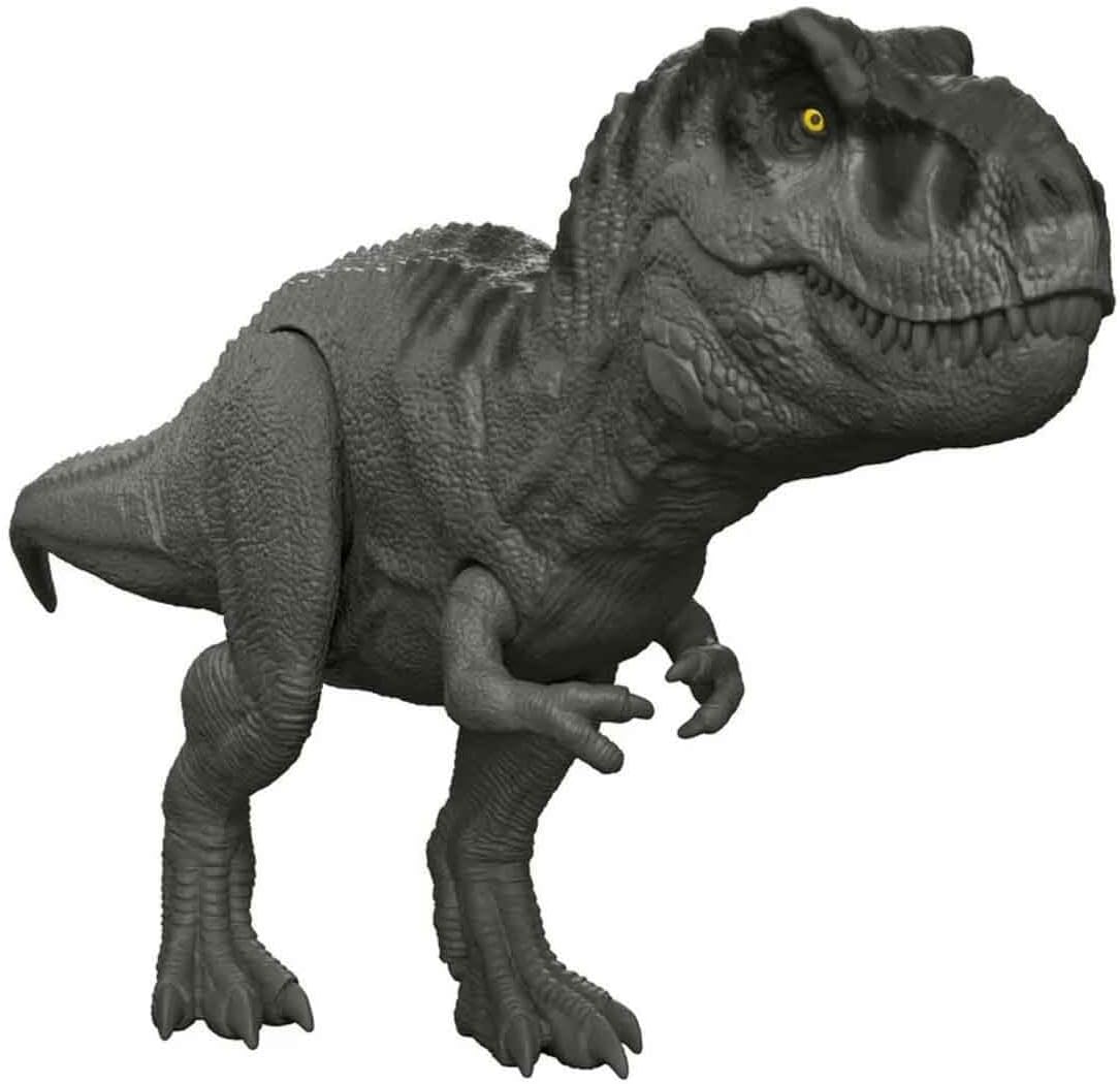Jurassic World Tyrannosaurus rex dinosaur figure with realistic details and poseable limbs on a neutral background.