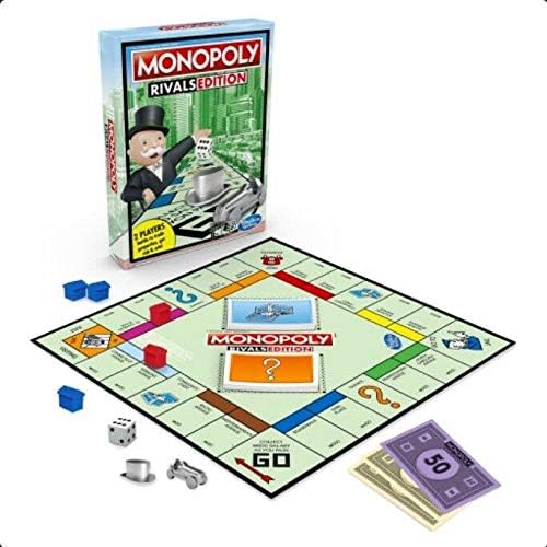 Hasbro Monopoly Rivals Edition 2-player game with game pieces and colorful game board for quick, competitive play