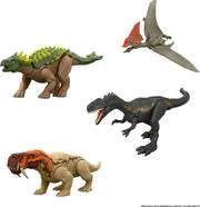 Jurassic World Rebirth Strike Attack Yuxisaurus toy dinosaur with green and brown scales, detailed claws, and fierce expression.