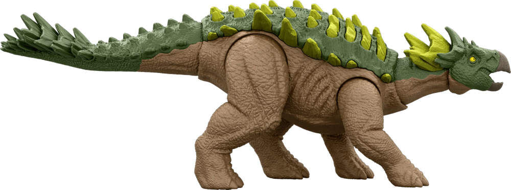 Jurassic World Rebirth Strike Attack Yuxisaurus toy dinosaur with detailed green and brown scales, fierce expression, and pose.