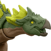 Jurassic World Rebirth Strike Attack Yuxisaurus toy dinosaur with green and brown scales, detailed claws, and fierce expression.