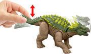 Jurassic World Rebirth Strike Attack Yuxisaurus toy dinosaur with green and brown scales, detailed claws, and fierce expression.