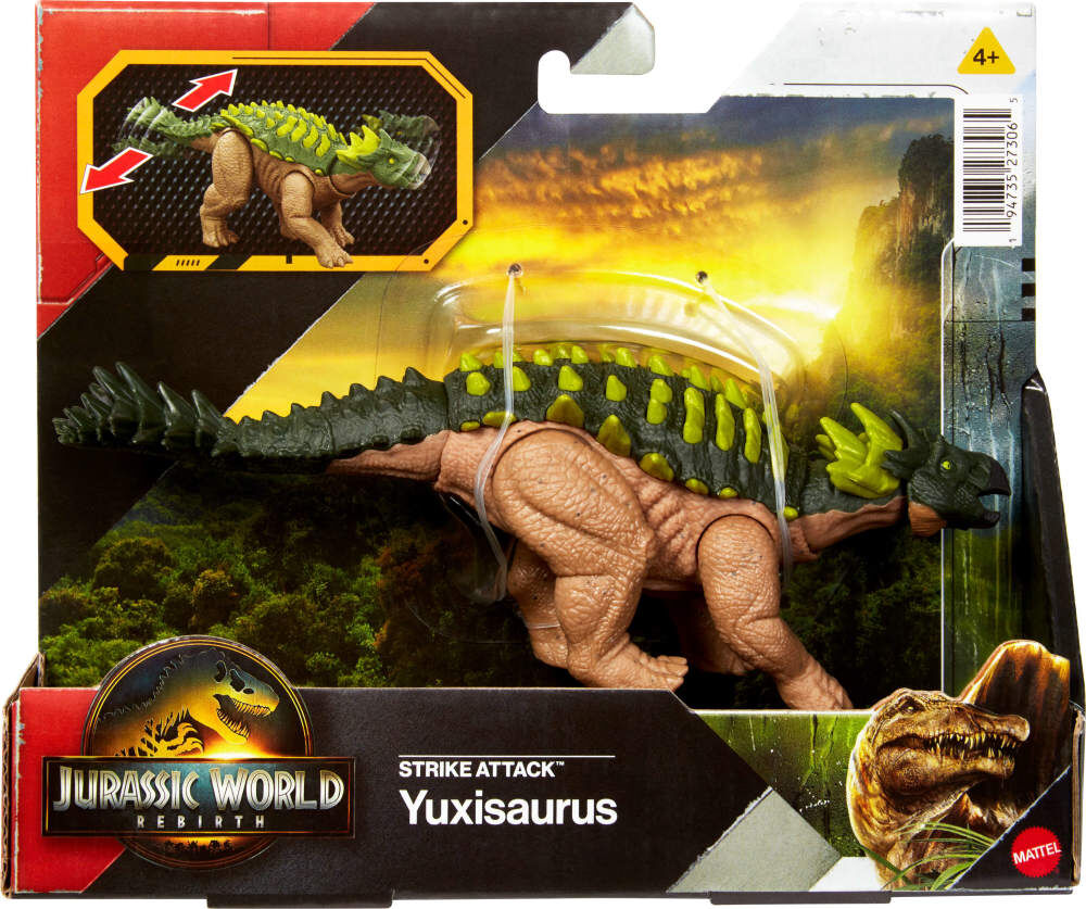 Jurassic World Rebirth Strike Attack YUXISAURUS dinosaur figure with detailed scales and vibrant colors, realistic design for collection or play.
