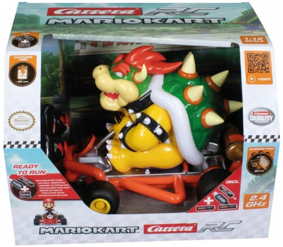Carrera remote control Mario Kart Pipe Kart featuring Bowser, toy race car with detailed design and vibrant colors.