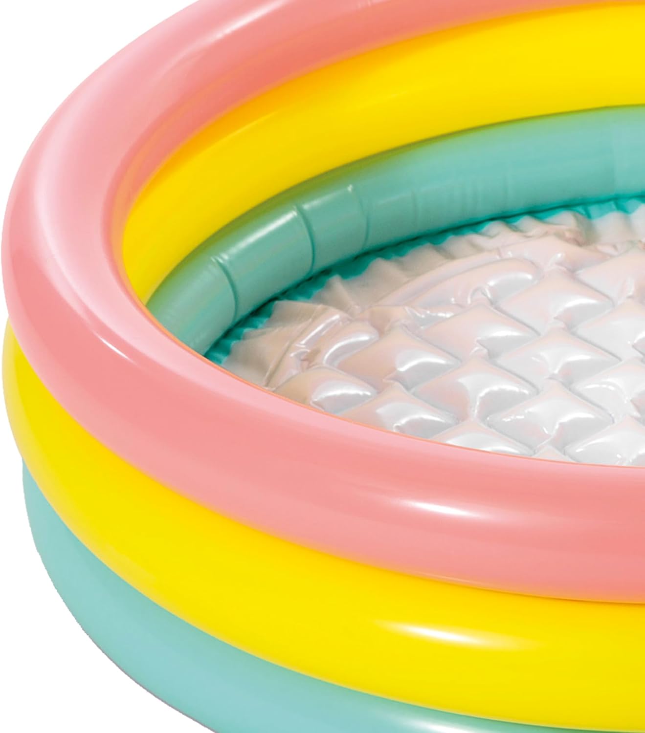 Playzokids Intex Sunset Glow Baby Pool with colorful inflatable sides and shallow water for young children.
