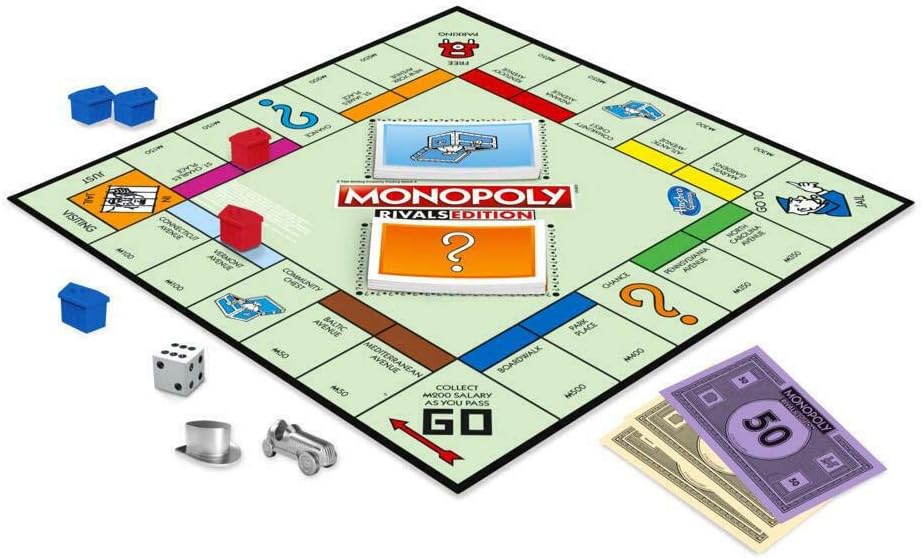 Hasbro Monopoly Rivals Edition 2-player game with colorful game board, tokens, and property cards for strategic gameplay.