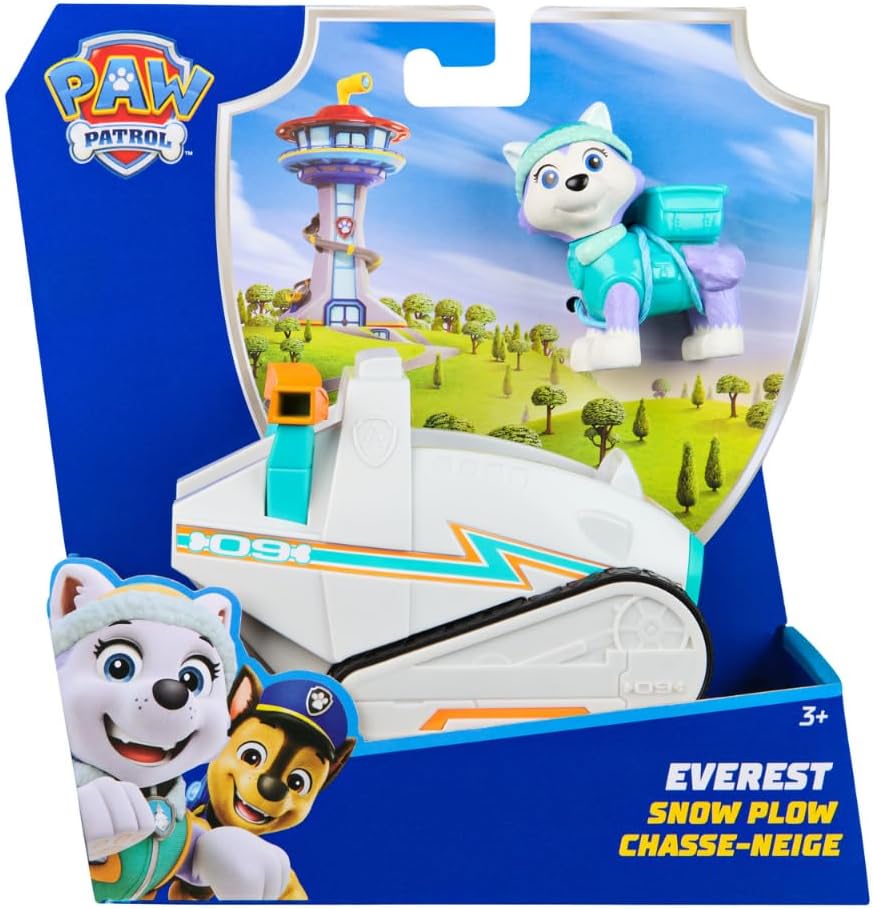 Spin Master PAW Patrol snowmobile toy with Everest figure, featuring vibrant colors and detailed design for kids' play.