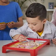 Hasbro Classic Operation game with a wooden game board, metal tools, and colorful patient parts on a white background.