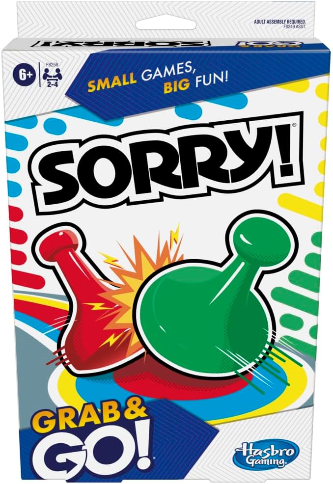 Travel-sized Sorry! Grab and Go board game by Hasbro with colorful game pieces and compact design for portable fun.