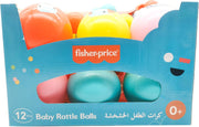 Fisher-Price baby rattle ball with bright colors and textured surface, designed for infants to grasp and shake for sensory play.