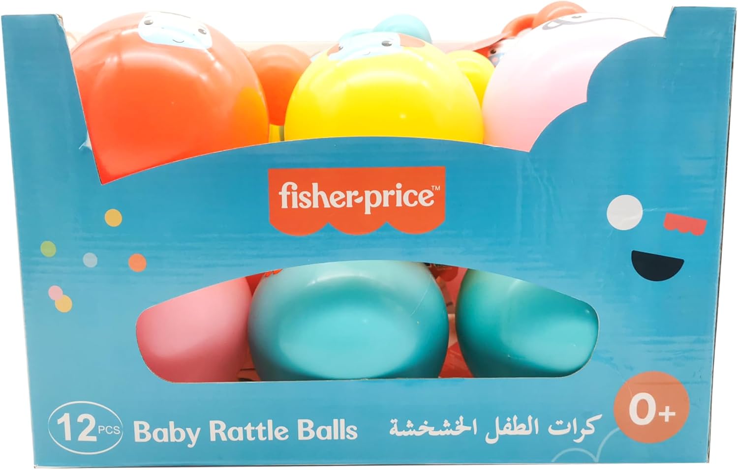 Fisher-Price baby rattle ball with bright colors and textured surface, designed for infants to grasp and shake for sensory play.