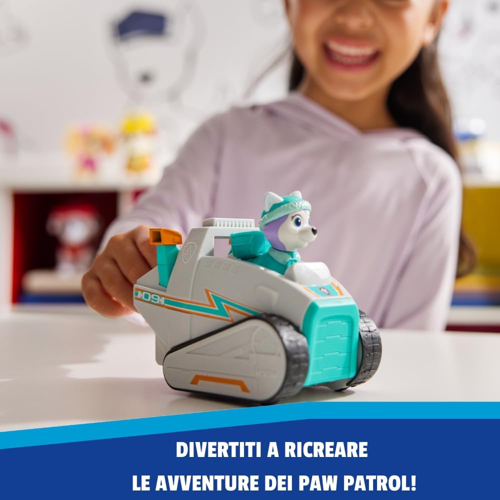 Spin Master PAW Patrol snowmobile toy with Everest figure, detailed miniature vehicle for kids' play and collection.