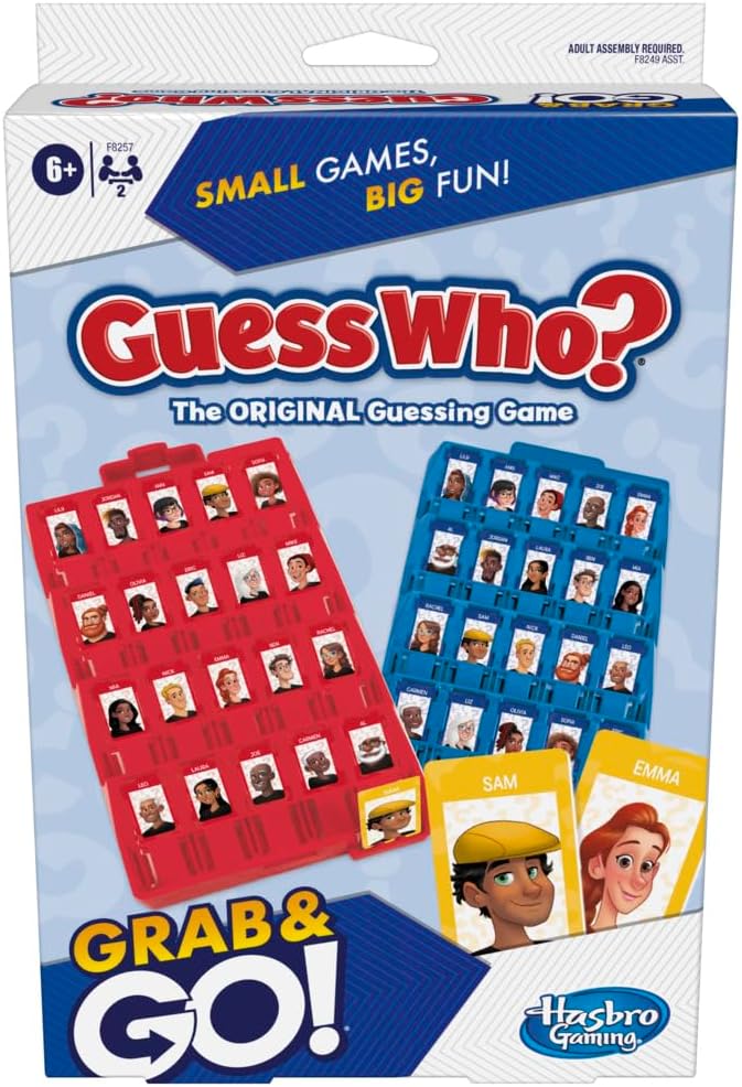 Hasbro Guess Who? Grab and Go board game with colorful game cards and game board for quick, fun character guessing.
