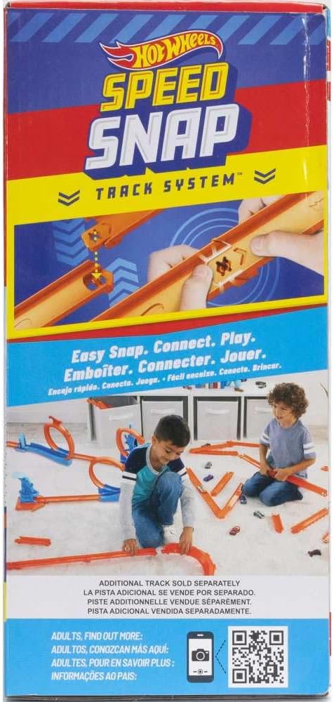 Hot Wheels toy car track set with triple loops and a 1:64 scale vehicle, featuring colorful plastic track and racing cars.