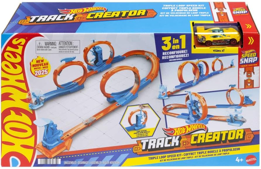 Hot Wheels toy car track set with triple loops and a 1:64 scale Hot Wheels vehicle on a white background.