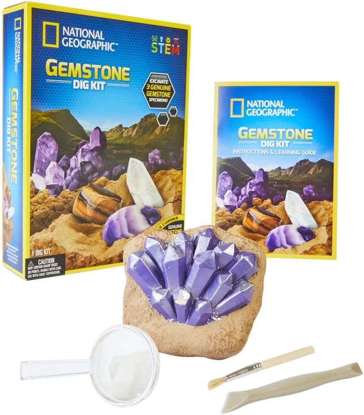 National Geographic gemstone dig kit by Playzokids with colorful gemstones, digging tools, and educational materials for kids.