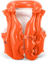 Red Intex swim vest for kids by Playzokids, featuring adjustable straps and a comfortable design for safe swimming.