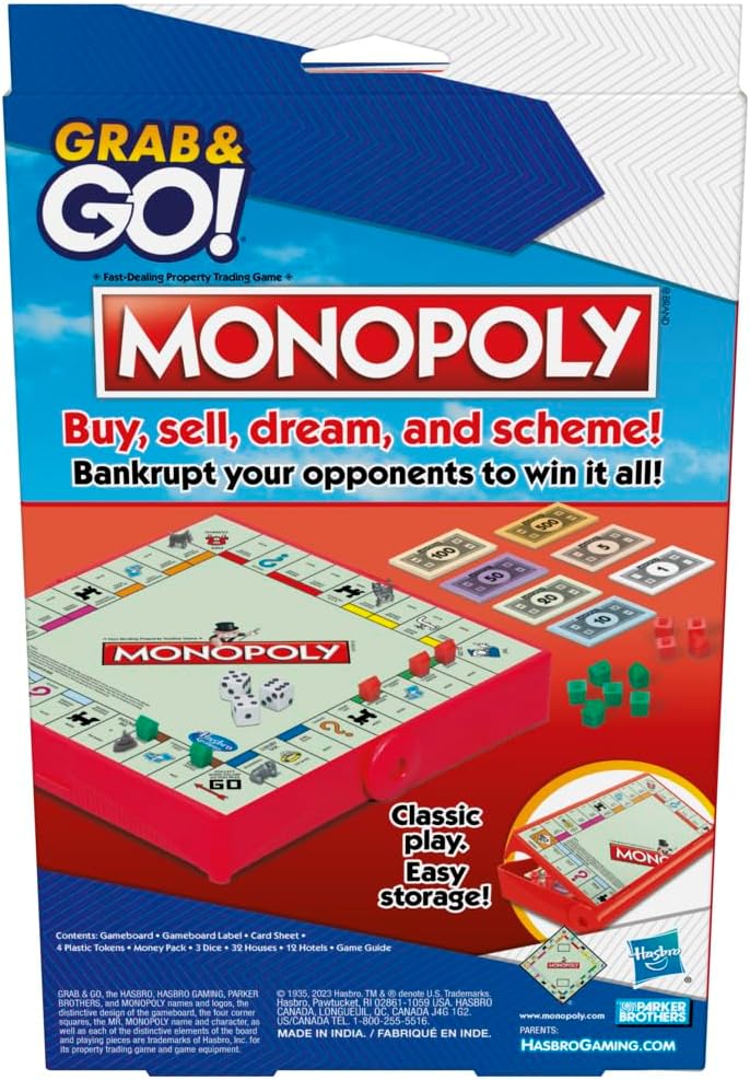 Hasbro Monopoly Grab and Go game for kids featuring colorful game pieces and compact board for easy play and portability.