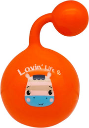 Fisher-Price baby rattle ball with bright colors and textured surface, designed for infants to grasp and shake for sensory play.