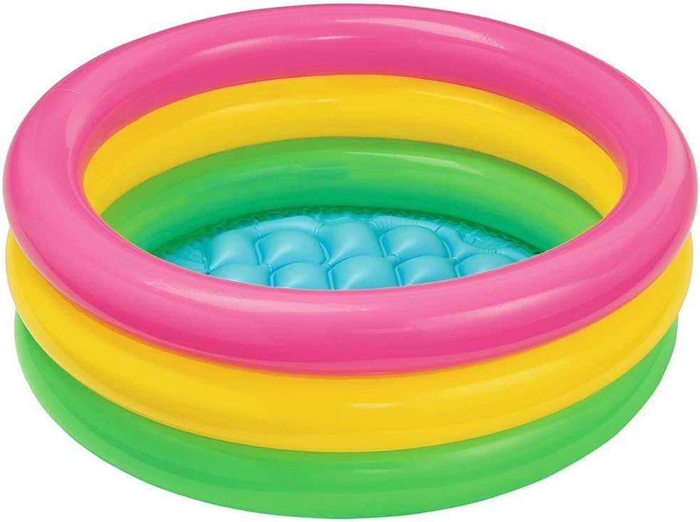 Playzokids Intex Sunset Glow Baby Pool with 3-ring design and inflatable floor, suitable for ages 1-3, shown filled with water.