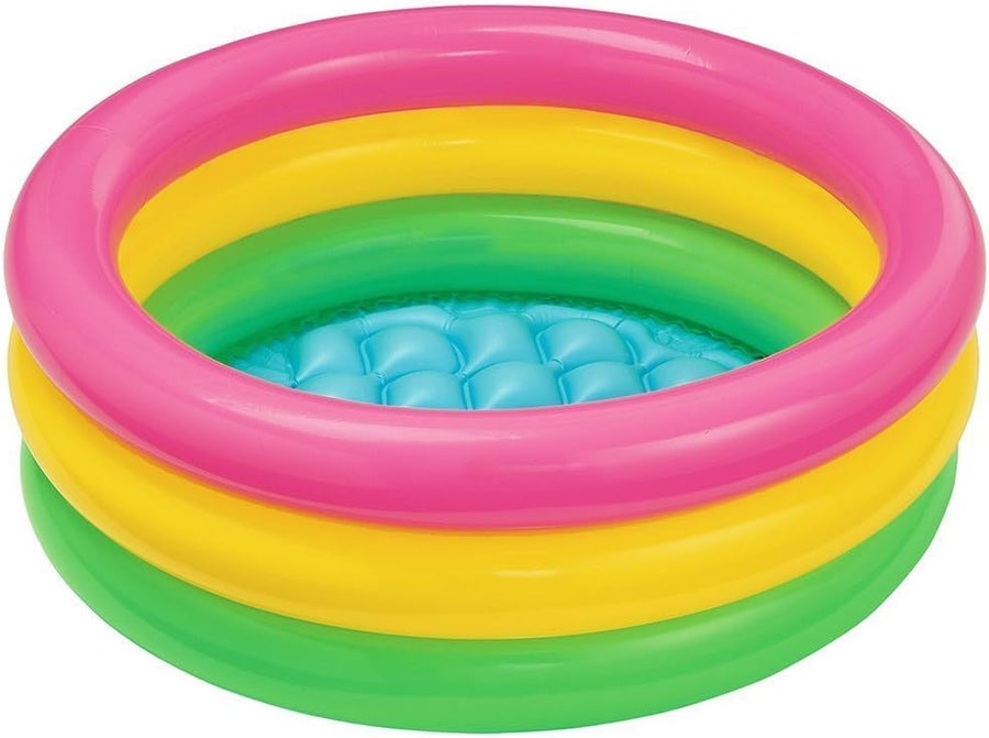 Playzokids Intex Sunset Glow Baby Pool with 3-ring design and inflatable floor, suitable for ages 1-3, shown filled with water.