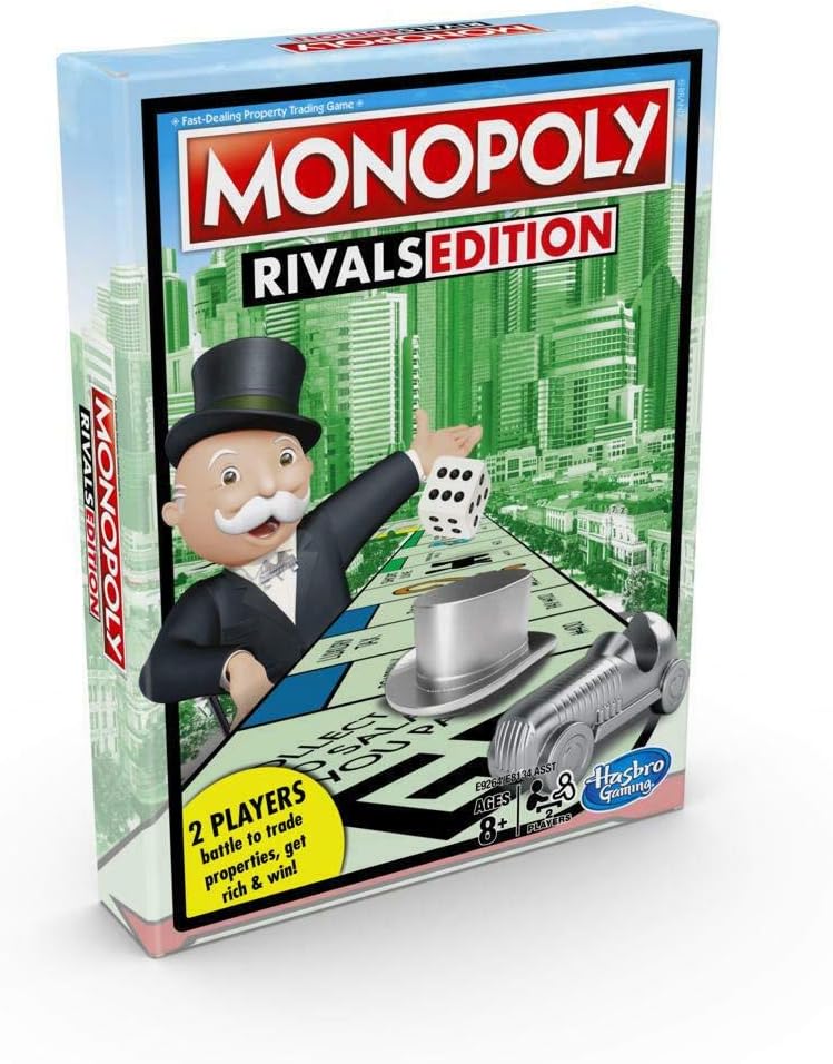 Hasbro Monopoly Rivals Edition 2-player game featuring game board, tokens, and cards for competitive play.