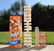 Playzokids Jenga Giant Family Hardwood Stacking Game with large wooden blocks on a table, ready for outdoor or indoor play.
