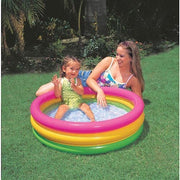 Playzokids Intex Sunset Glow Baby Pool with 3-ring design and inflatable floor, suitable for ages 1-3, outdoors on grass.