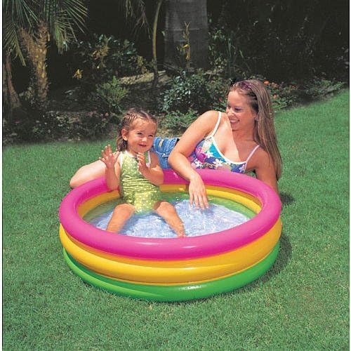 Playzokids Intex Sunset Glow Baby Pool with 3-ring design and inflatable floor, suitable for ages 1-3, outdoors on grass.