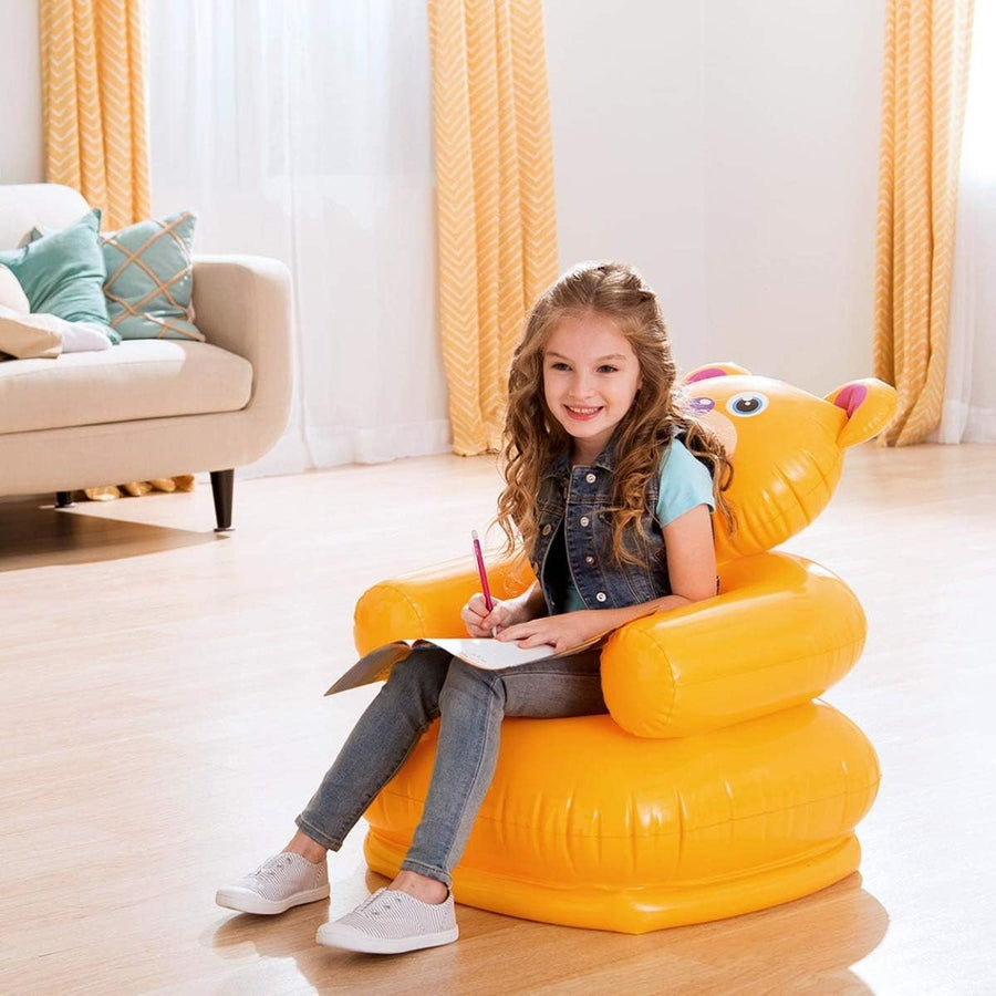 Playzokids Intex inflatable happy animal chair in assorted colors, soft and playful seating for kids.