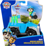 PAW Patrol rescue vehicle with Rex toy figure, Spin Master toy set featuring colorful rescue vehicle and Rex figure for kids.
