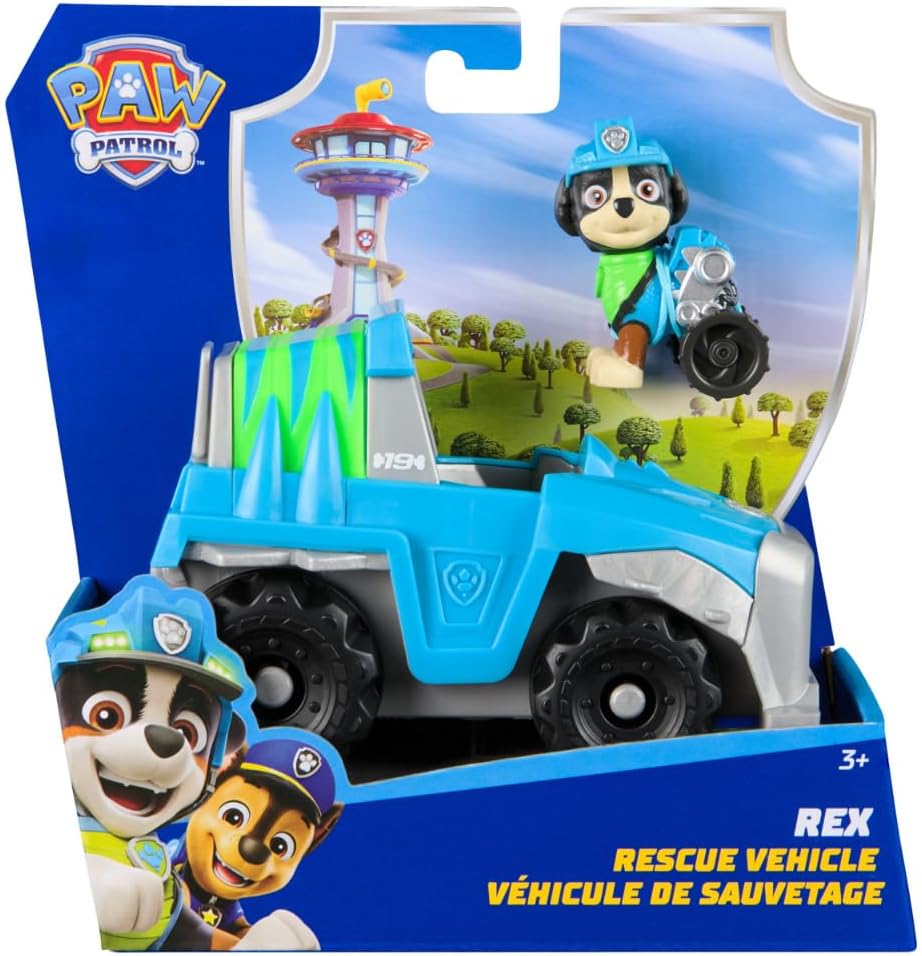 Spin Master PAW Patrol rescue vehicle with Rex toy figure, featuring colorful details and durable plastic construction for kids.