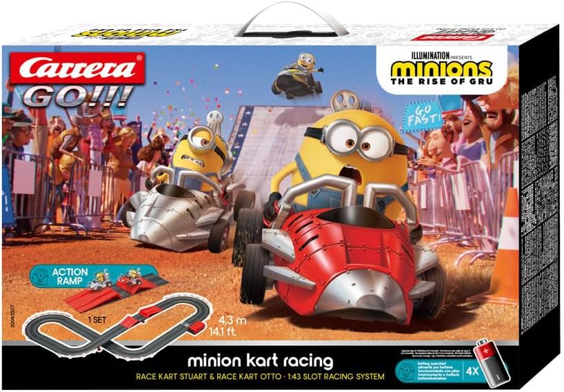 Carrera Despicable Me Minion Kart Racing toy set featuring a colorful minion-themed racing kart and track accessories.