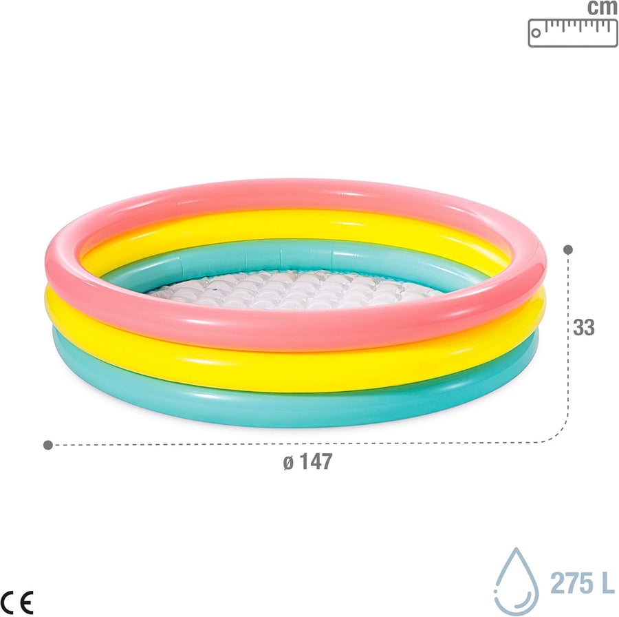 Playzokids Intex Sunset Glow Pool for ages 2+ with multicolor design, measuring 147 x 33 cm, perfect for outdoor summer fun.