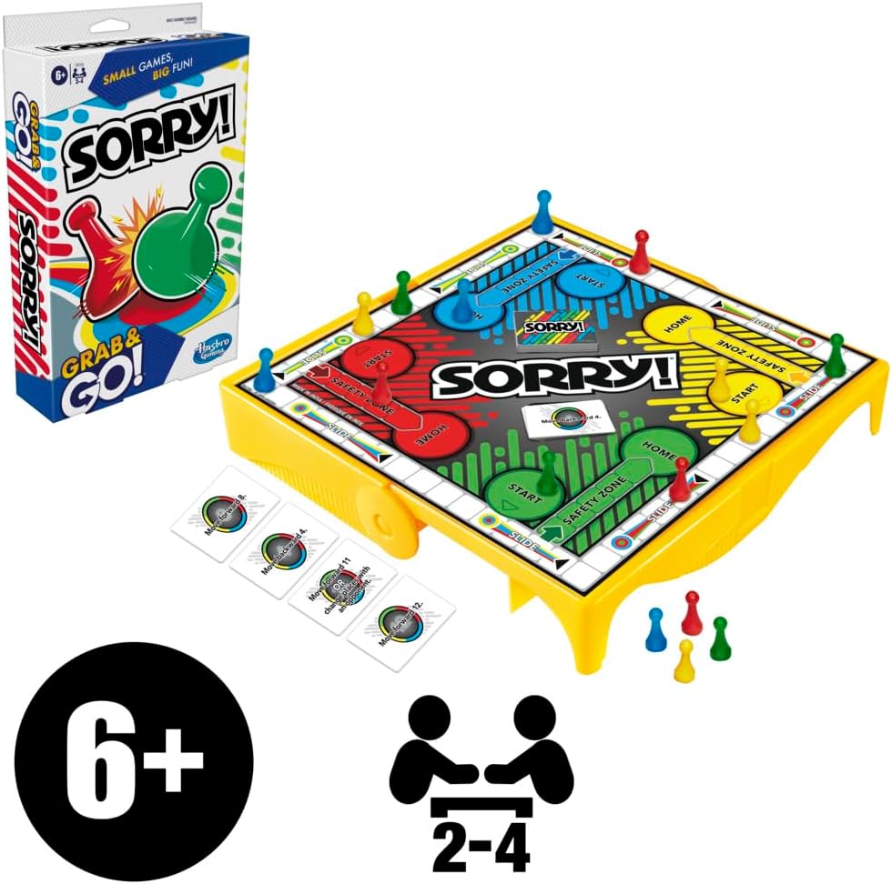 Travel-sized Sorry! Grab and Go board game by Hasbro featuring colorful game pieces and compact design for portable fun.