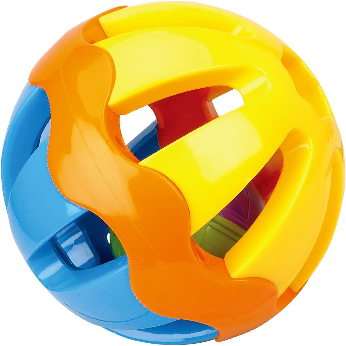 Tanny Kids Rattle Ball, colorful plastic toy with textured surface and bell inside, designed for infants and young children.