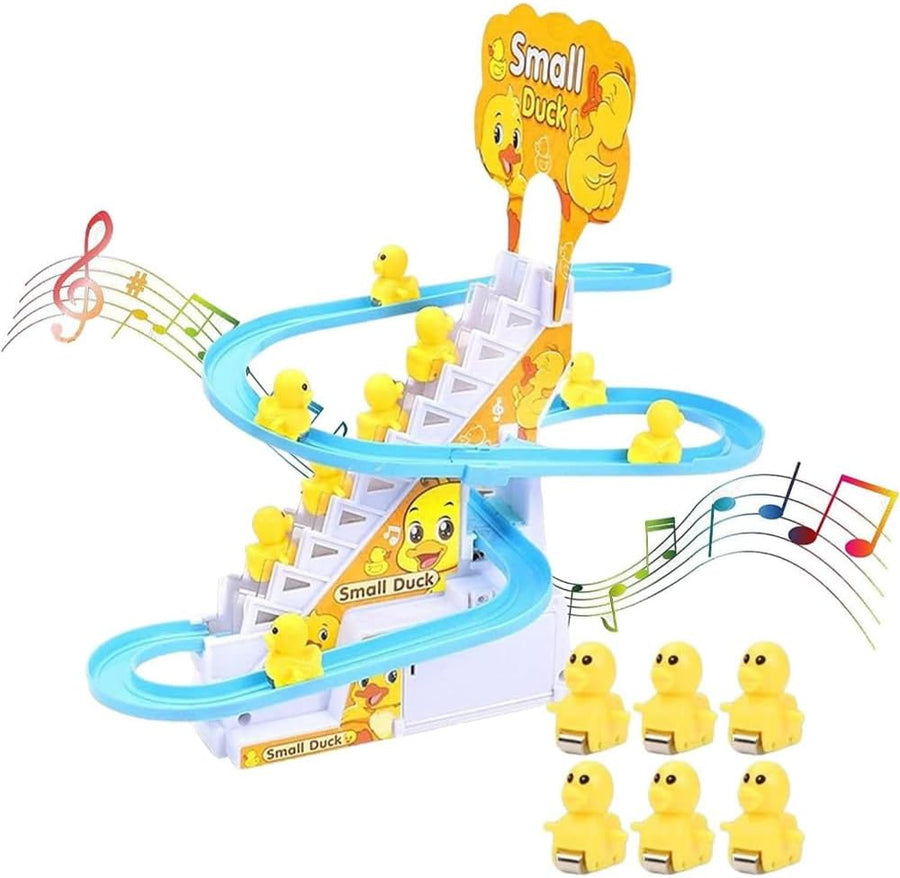 Electric duck toy climbing a colorful race track, designed for kids' fun and entertainment. Brand: Generic.