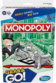 Hasbro Monopoly Grab and Go game for kids with compact playing pieces and colorful game board for family fun and entertainment