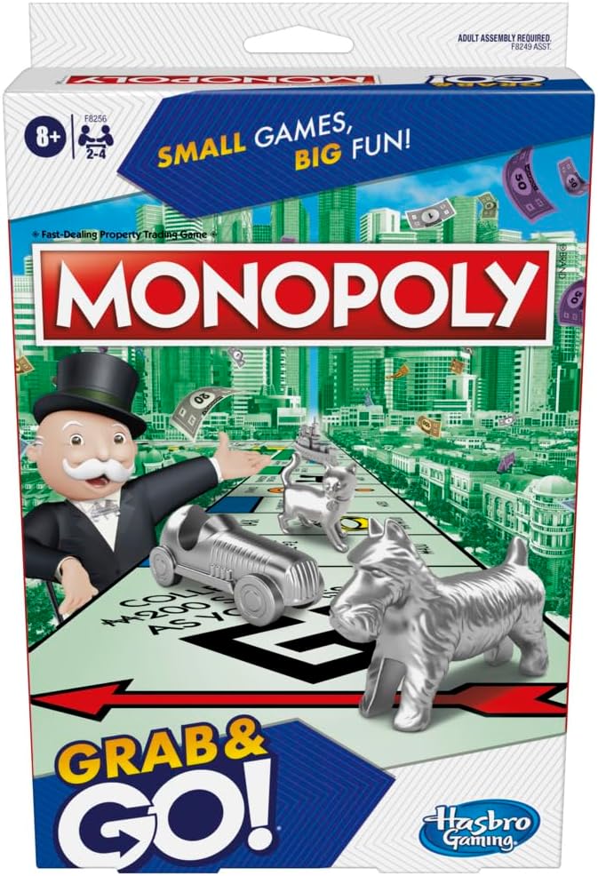 Hasbro Monopoly Grab and Go game for kids, compact board game with colorful pieces and playing tokens for family fun.