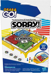 Hasbro Sorry! Grab and Go travel-sized board game with colorful game pieces and compact design for on-the-go fun.