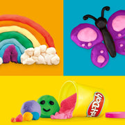 Neon blue Play-Doh single can dough by Hasbro, 113g, showing the colorful plastic container with open lid and bright blue modeling clay inside.