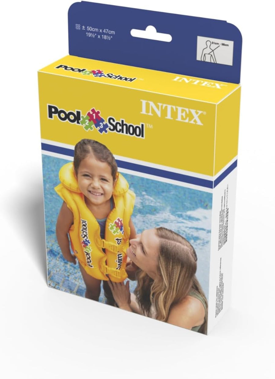 Yellow Intex Deluxe Pool Swim Vest for kids by Playzokids, featuring adjustable straps and foam buoyancy for safe swimming.