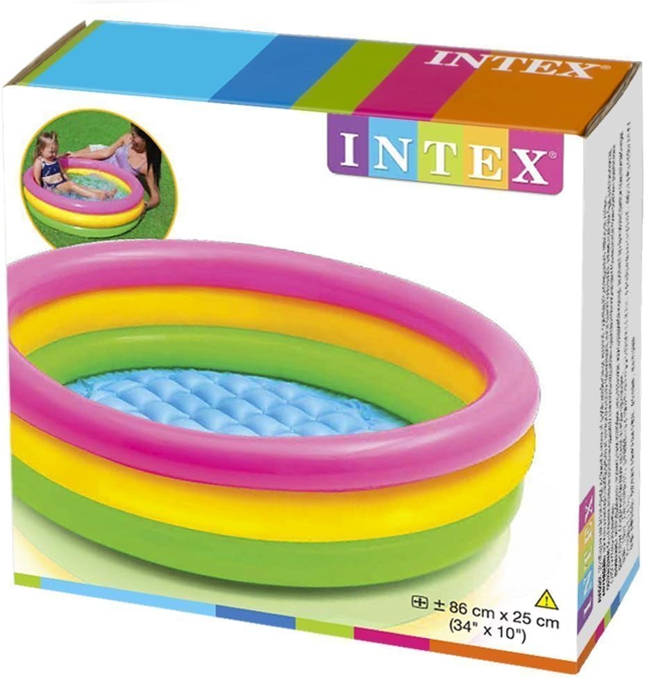 Playzokids Intex sunset glow baby pool with 3-ring design and inflatable floor, suitable for children aged 1-3.