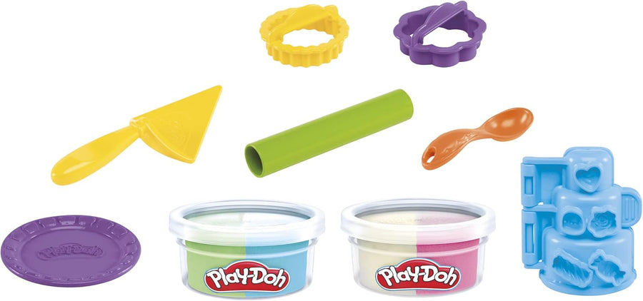 Play-Doh Kitchen Creations tart playset with two tins by Hasbro, featuring colorful modeling clay and miniature tart molds.